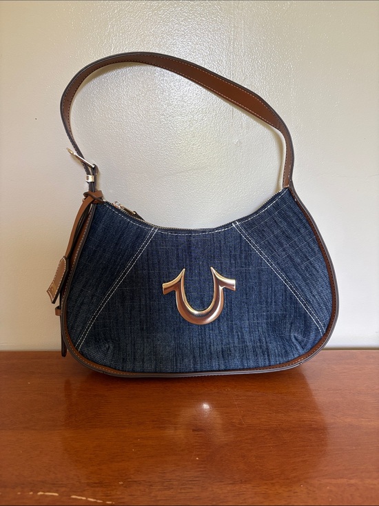 True Religion Handbags - True Religion Denim Hobo Shoulder Bag in Dark Blue with Brown Trim